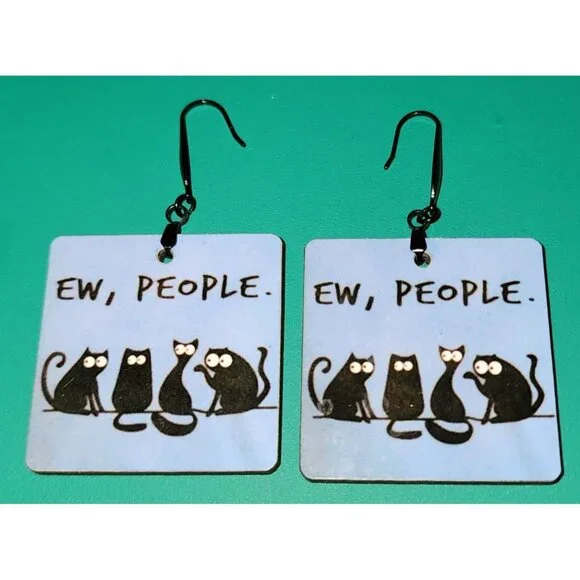 Women's Fashion Jewelry Ew, People Black Cat's Square Earrings Dangle Blue Black - Picture 2 of 4